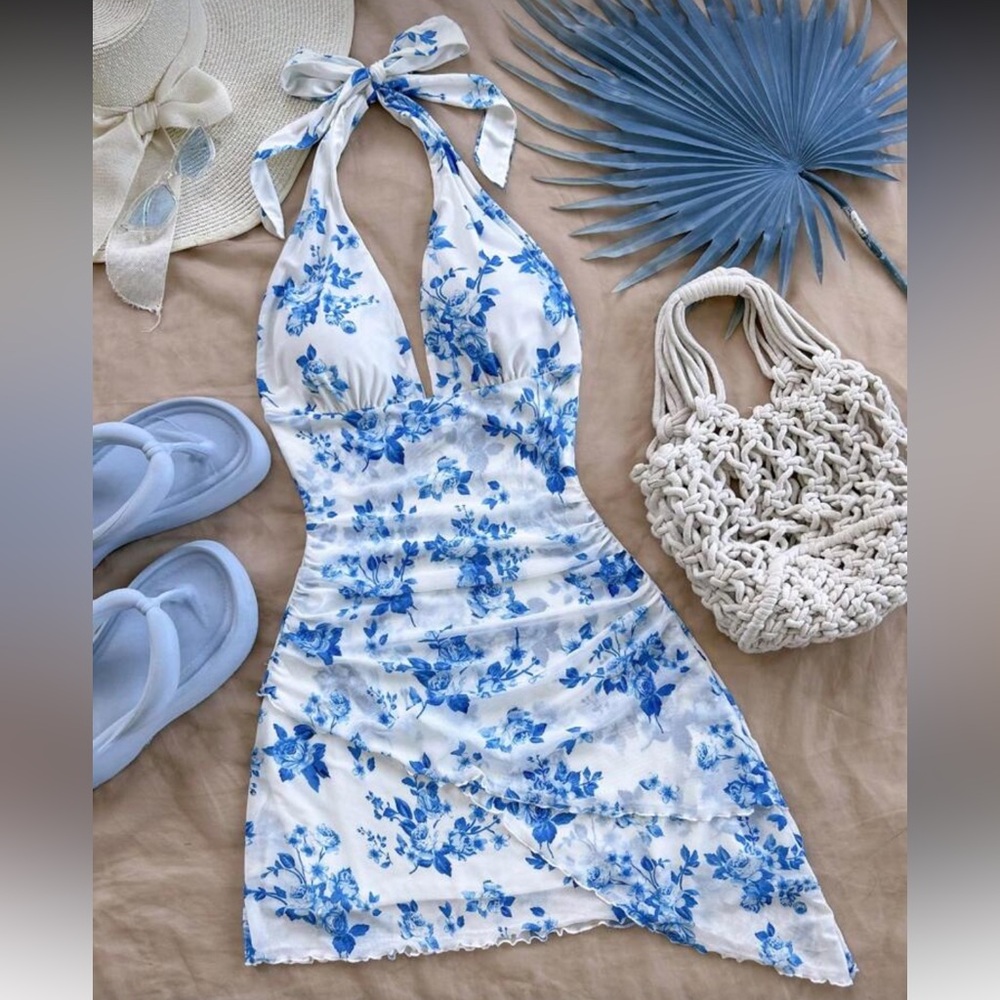 Blue Floral Halter Dress